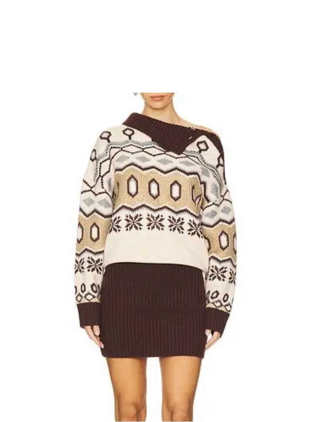 Retrofete Cream, Brown And Gold Knit Asymmetrical Crystal Embellished Mini Dress